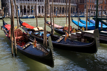 Fototapeta na wymiar Italy, Venice. Gondolas docked on the Grand Canal.