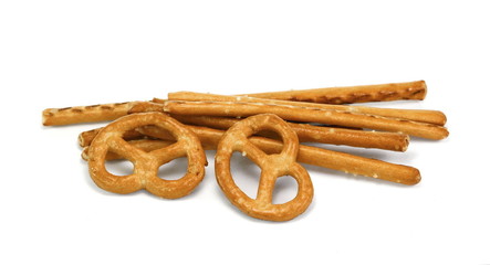 Salty cracker pretzel sticks isolated on white background. 
