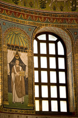 Italy, Ravenna. Mosaics and window in the Church of St. Apollinare.