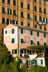 Fototapeta na wymiar Italy, Camogli. Colorful painted buildings.