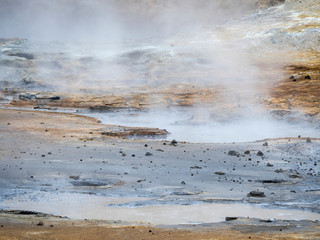 Obraz na płótnie Canvas Geothermal area at Seltun on volcano Krysuvik, Reykjanes peninsula during fall.
