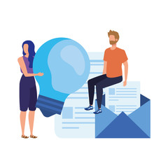 young couple with envelope mail characters