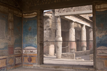 Italy, Campania, Pompeii. Ruins and interior fresco.