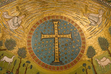 Italy, Ravenna. Mosaics adorning the apse in the Church of St. Apollinare.