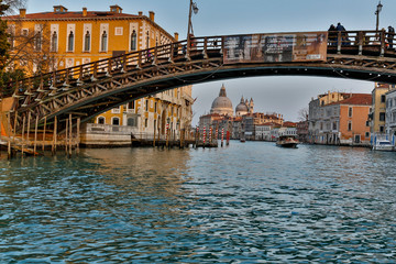 Venice, Italy. Grand Canal from Ponte dell'Accademia bridge with Salute domed church in background