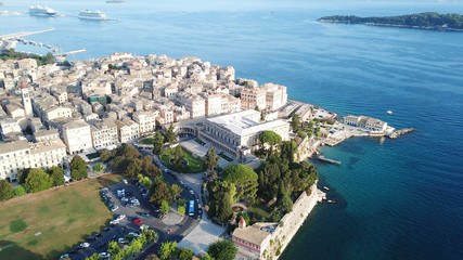 Fototapeta premium Aerial drone view of iconic and picturesque old town of Corfu island a UNESCO world heritage site, Ionian, Greece