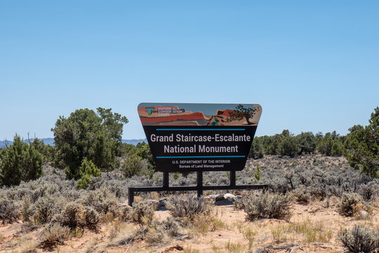 Sign for Grand Staircase-Escalante National Monument - US Department of the Interior - July 11, 2019