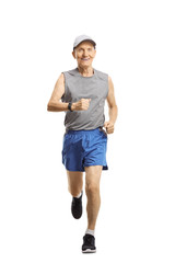 Smiling senior man running and looking at the camera