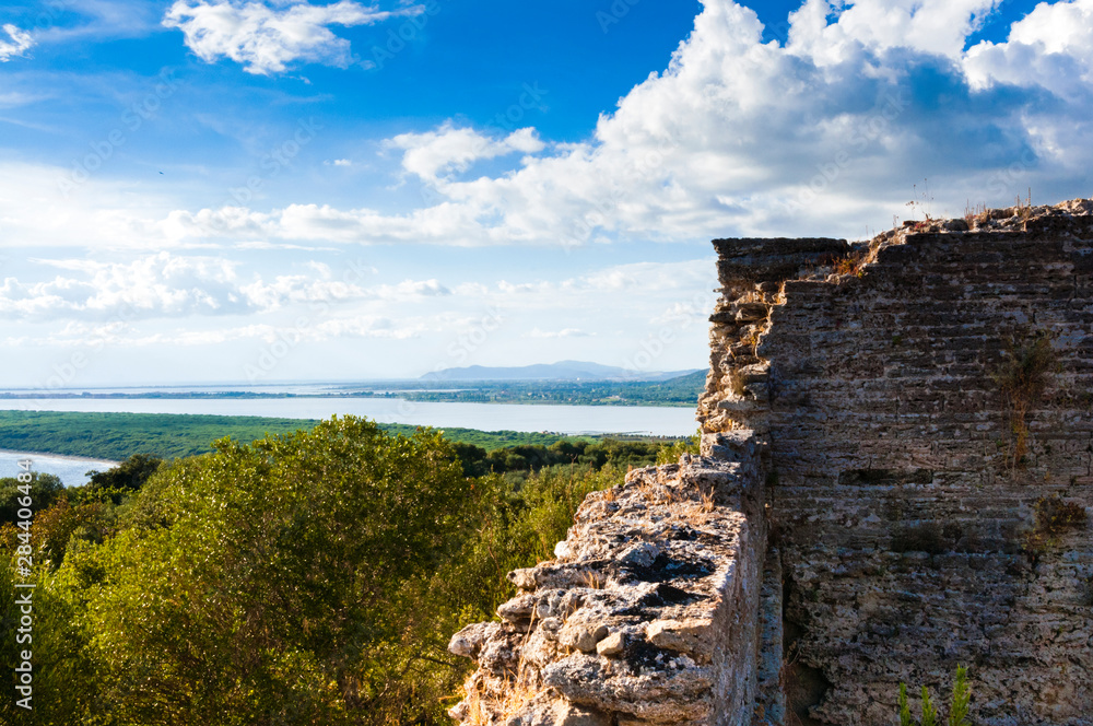 Sticker arx, capitoline hill, orbetello lagoon in the back, roman town of cosa, ansedonia, grosseto province