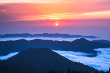 Beautiful landscape with sea of clouds during sunset. Landscape shot was taken in June 2019 at Gito Plateau, Kackar Mountains, highlands of northeastern of Turkey (Black Sea Region).