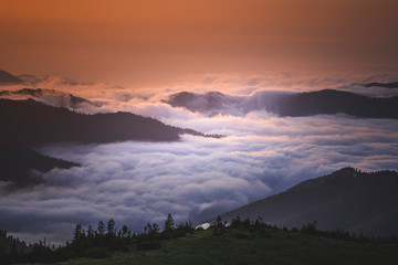 Breathtaking view of sea of clouds above Kackar Mountains in Turkey during sunset. Gito Plateu / Çamlıhemsin District of Turkey's Rize Province.