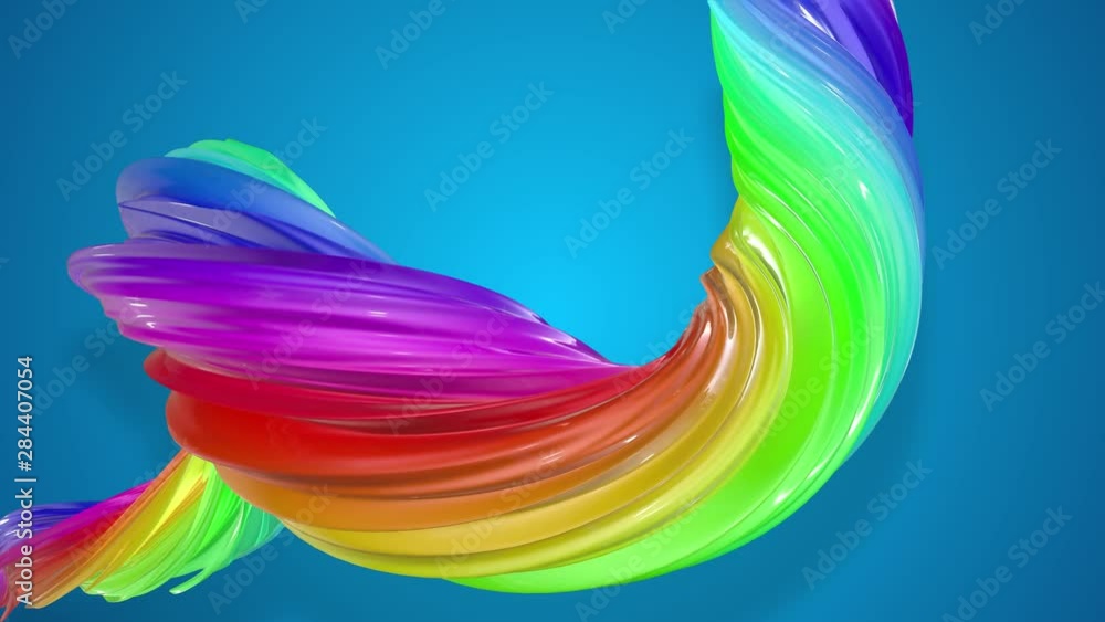 Poster abstract background with rainbow color stripes that moving in a spiral and shiny on blue background 