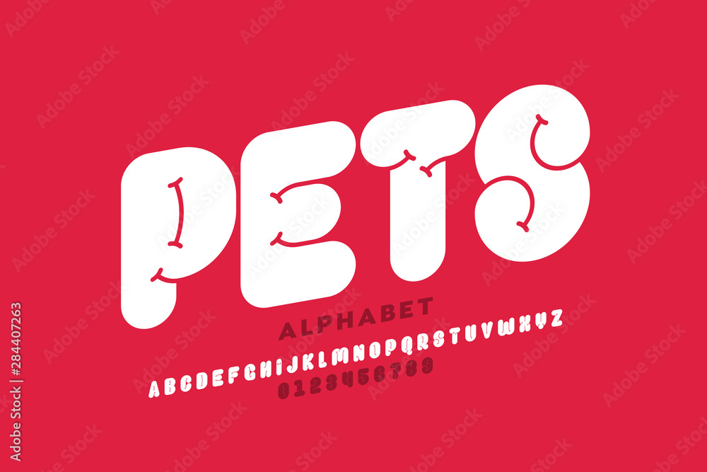 Poster pets style font design, alphabet letters and numbers