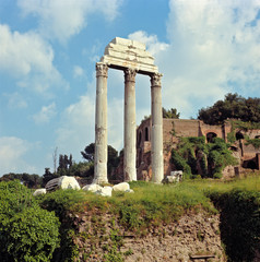 Italy, Rome. The Temple of Castor and Pollux was rebuilt about 6 A.D.in the Forum, a World Heritage...