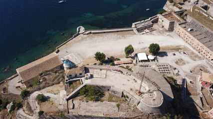 Aerial drone view of iconic and picturesque old town of Corfu island a UNESCO world heritage site, Ionian, Greece