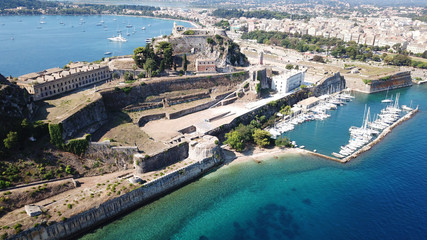 Aerial drone view of iconic and picturesque old town of Corfu island a UNESCO world heritage site, Ionian, Greece