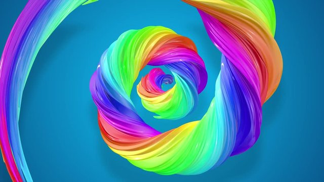 abstract background with rainbow color stripes that moving in a spiral and shiny on blue background in 4k. 3d seamless looped animation. Use luma matte as alpha chanel to cut out rainbow structure.