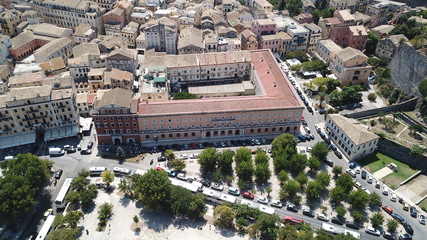 Fototapeta premium Aerial drone view of iconic and picturesque old town of Corfu island a UNESCO world heritage site, Ionian, Greece