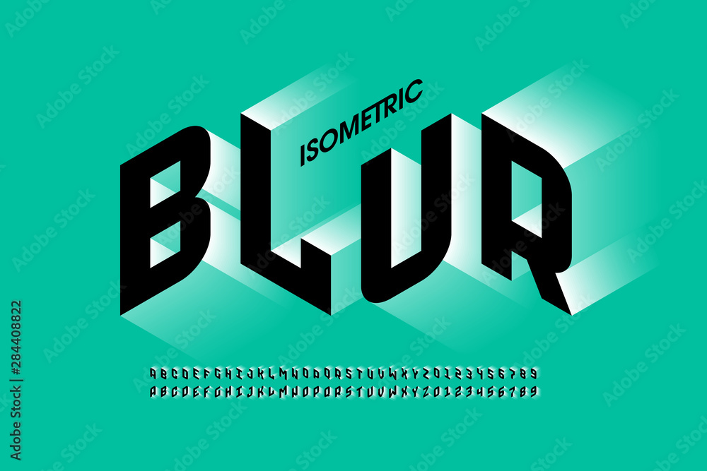 Poster isometric 3d font design with blur effect, three-dimensional alphabet letters and numbers
