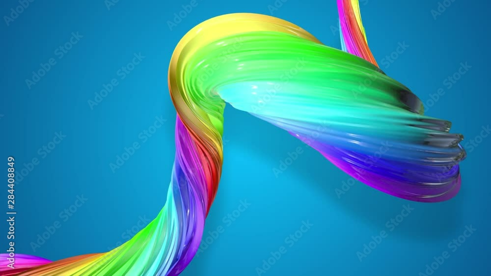 Poster abstract background with rainbow color stripes that moving in a spiral and shiny on blue background 