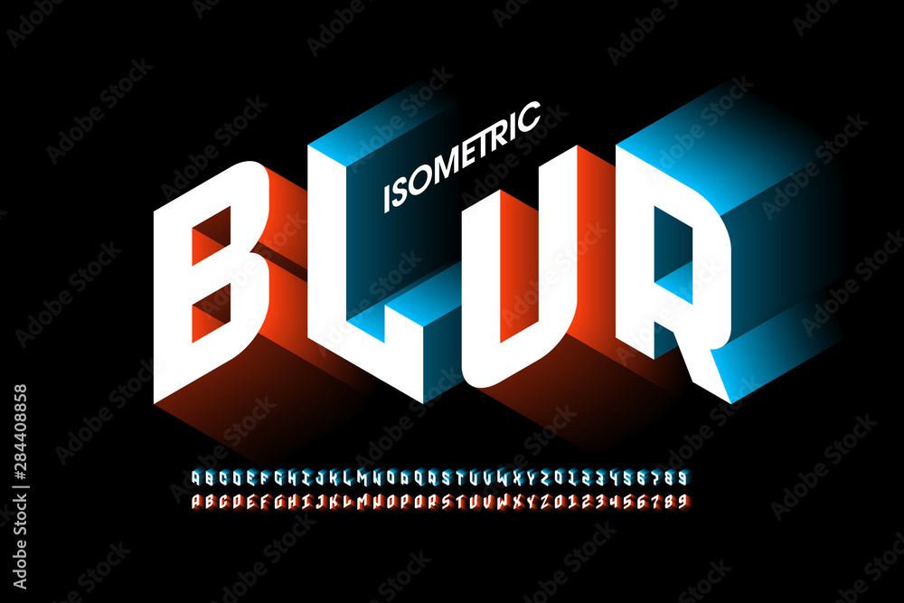 Poster isometric 3d font design with blur effect, three-dimensional alphabet letters and numbers