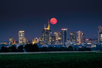 Vollmond über der beleuchteten Skyline von Frankfurt am Main in Deutschland
