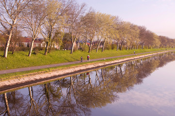 The Netherlands (aka Holland), Zeeland, Middelburg. Early morning views of the dikes that surround the canal system at Middelburg.