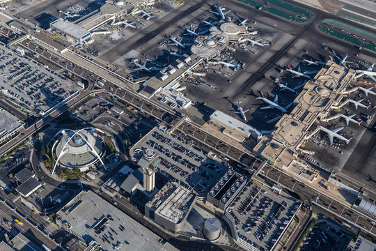 Aerial view of Los Angeles International Airport terminals and airplanes on August 16, 2016 in Los Angeles, California, USA.