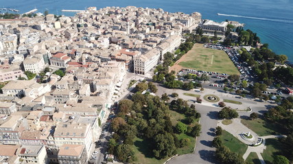 Aerial drone view of iconic and picturesque old town of Corfu island a UNESCO world heritage site, Ionian, Greece