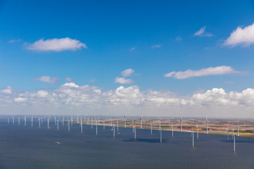 Aerial view of wind turbines at sea, North Holland, Netherlands