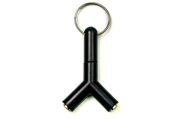 Audio adapter with two microphone and headphone jacks isolated on white background.