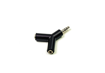 Audio adapter with two microphone and headphone jacks isolated on white background.