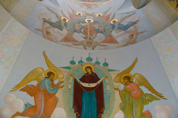 Russia, Golden Ring (aka Zolotoe Koltso), Sergiyev Posad (aka Sergiev), formerly Zagorsk. Trinity Monastery of St. Sergius. Artwork on the Holy Gate.