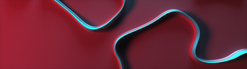 Abstract shapes design on red background with blue red 3d curved lines top view panoramic with free space..