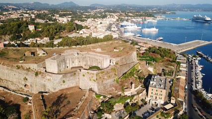Naklejka premium Aerial drone view of iconic and picturesque old town of Corfu island a UNESCO world heritage site, Ionian, Greece