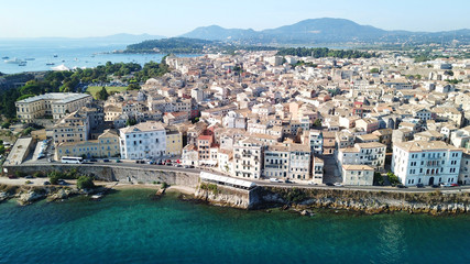 Obraz premium Aerial drone view of iconic and picturesque old town of Corfu island a UNESCO world heritage site, Ionian, Greece