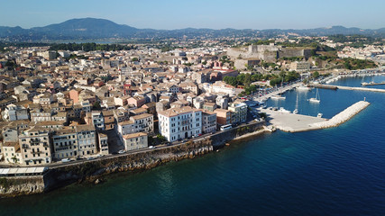 Fototapeta na wymiar Aerial drone view of iconic and picturesque old town of Corfu island a UNESCO world heritage site, Ionian, Greece