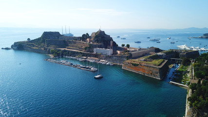 Naklejka premium Aerial drone view of iconic and picturesque old town of Corfu island a UNESCO world heritage site, Ionian, Greece