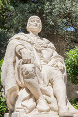 Fototapeta premium Portugal, Lisbon. King Manuel I at Sao Jorge Castle, a Moorish castle on hilltop overlooking the historic center of Lisbon and Tagus River.