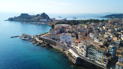 Obraz premium Aerial drone view of iconic and picturesque old town of Corfu island a UNESCO world heritage site, Ionian, Greece