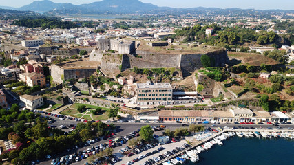 Obraz premium Aerial drone view of iconic and picturesque old town of Corfu island a UNESCO world heritage site, Ionian, Greece