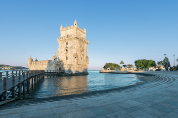 Fototapeta premium Portugal, Lisbon, Belem, Belem Tower (Torre de Belem) at Dawn commissioned by King John II and completed in the 16th century