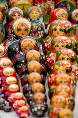 Russia, Moscow. Typical Russian handicrafts, matryoshka dolls. 