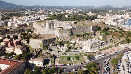 Aerial drone view of picturesque old town of Corfu island featuring iconic castle a UNESCO world heritage site, Ionian, Greece