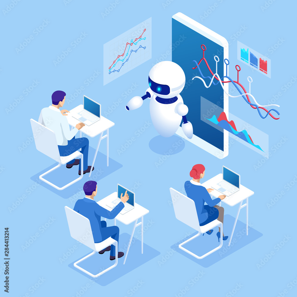 Poster isometric education or business training using artificial intelligence concept. group of businessmen