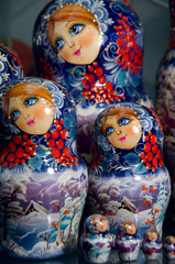 Russia, Volga-Baltic Waterway, Goritzy. Russian souvenir matryoshka dolls.