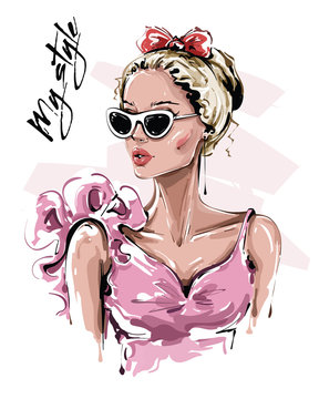 Hand drawn beautiful young woman in sunglasses. Stylish girl with bow on her head. Fashion woman look. Sketch. Vector illustration.