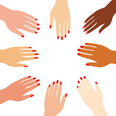 International female hands folded in the center. Woman arm with manicure and red nail polish for girl power concept. Vector illustration isolated on white background.