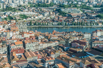 Fototapeta na wymiar Portugal, Porto, Looking Down on Central Porto Rooftops and the Douro River