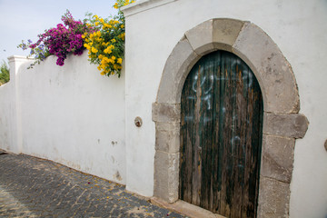 Fototapeta na wymiar Portugal, Tavira, Small flower lined street in the town